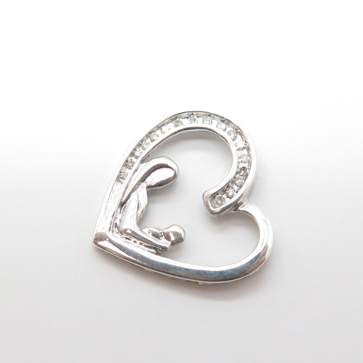 925 Sterling Silver Real White Diamond Mother & Child Open Heart Pendant