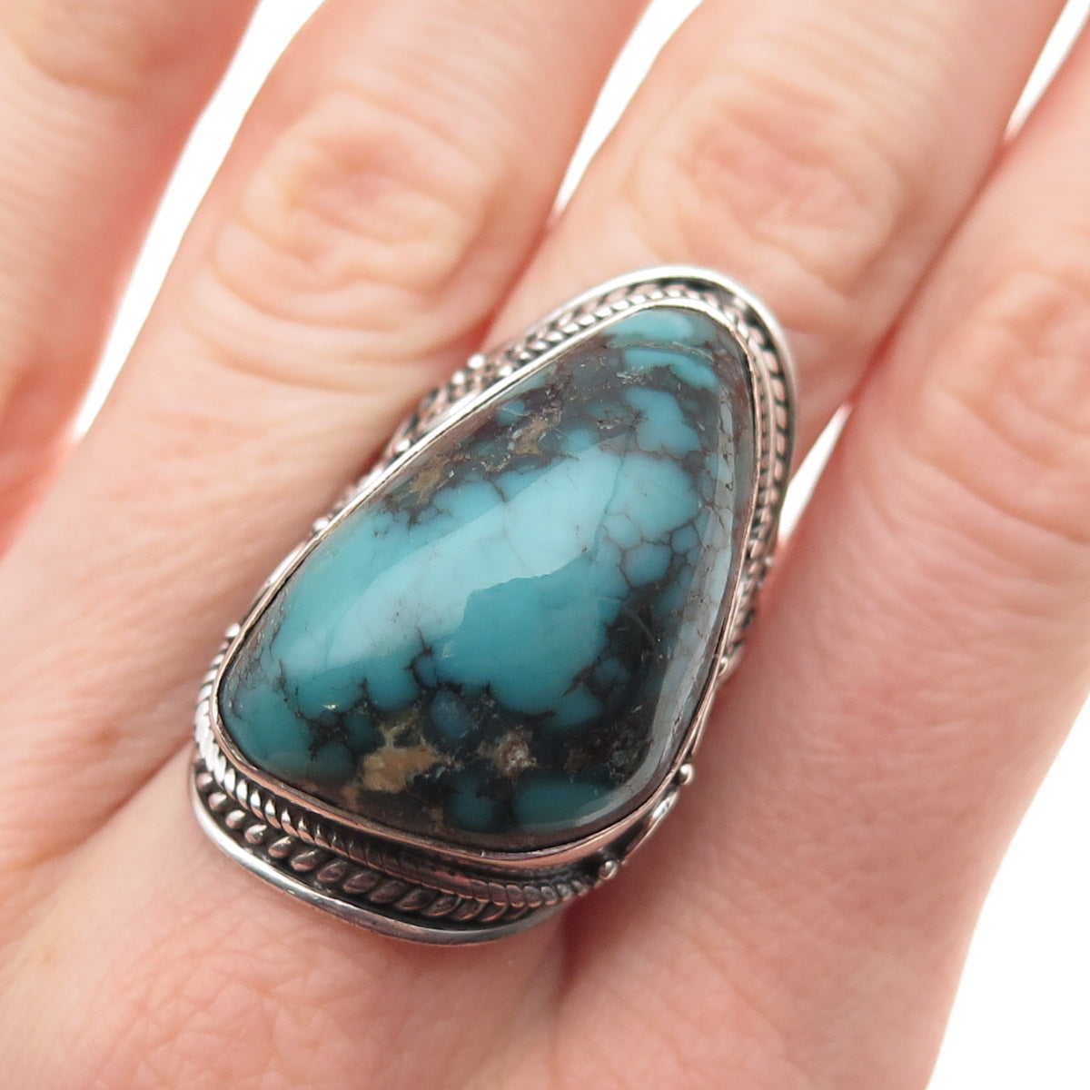 925 Sterling Silver Vintage Real Bisbee Turquoise Oxidized Ring Size 7.75