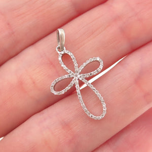 925 Sterling Silver Real Round-Cut Diamond Floral Cross Charm Pendant