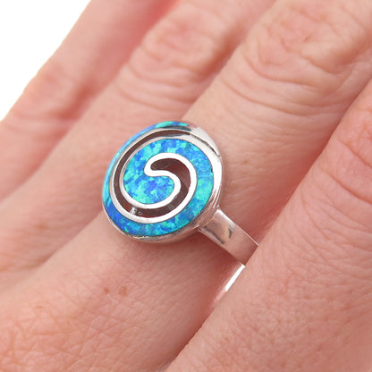 925 Sterling Silver Real Opal Spiral Ring Size 7.25
