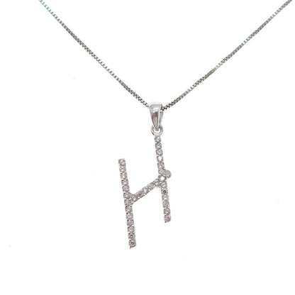 925 Sterling Silver Round-Cut C Z Letter H Initial Box Chain Necklace 18"