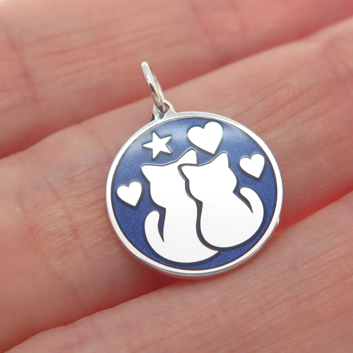 925 Sterling Silver Blue Enamel Mom & Child Cat Heart Star Minimalist Pendant