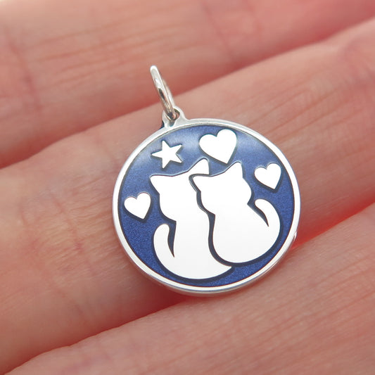 925 Sterling Silver Blue Enamel Mom & Child Cat Heart Star Minimalist Pendant