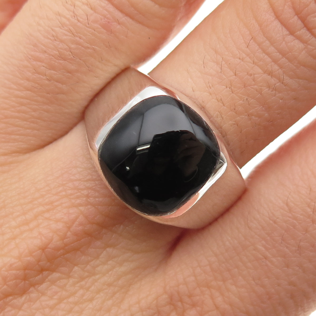 925 Sterling Silver Vintage Mexico Real Black Onyx Modernist Ring Size 12