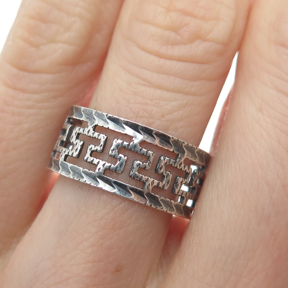 ELIO 925 Sterling Silver Vintage Greek Maze Oxidized Band Ring Size 7.75