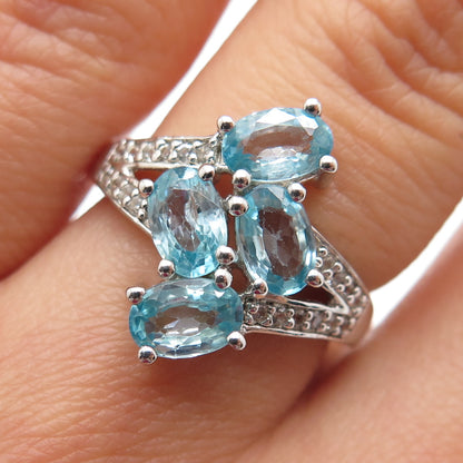 925 Sterling Silver Real Oval-Cut Blue & Round-Cut White Topaz Ring Size 6