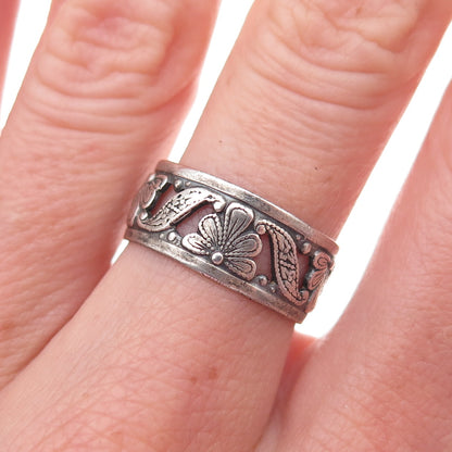 Uncas 925 Sterling Silver Antique Art Deco Floral Oxidized Band Ring Size 7