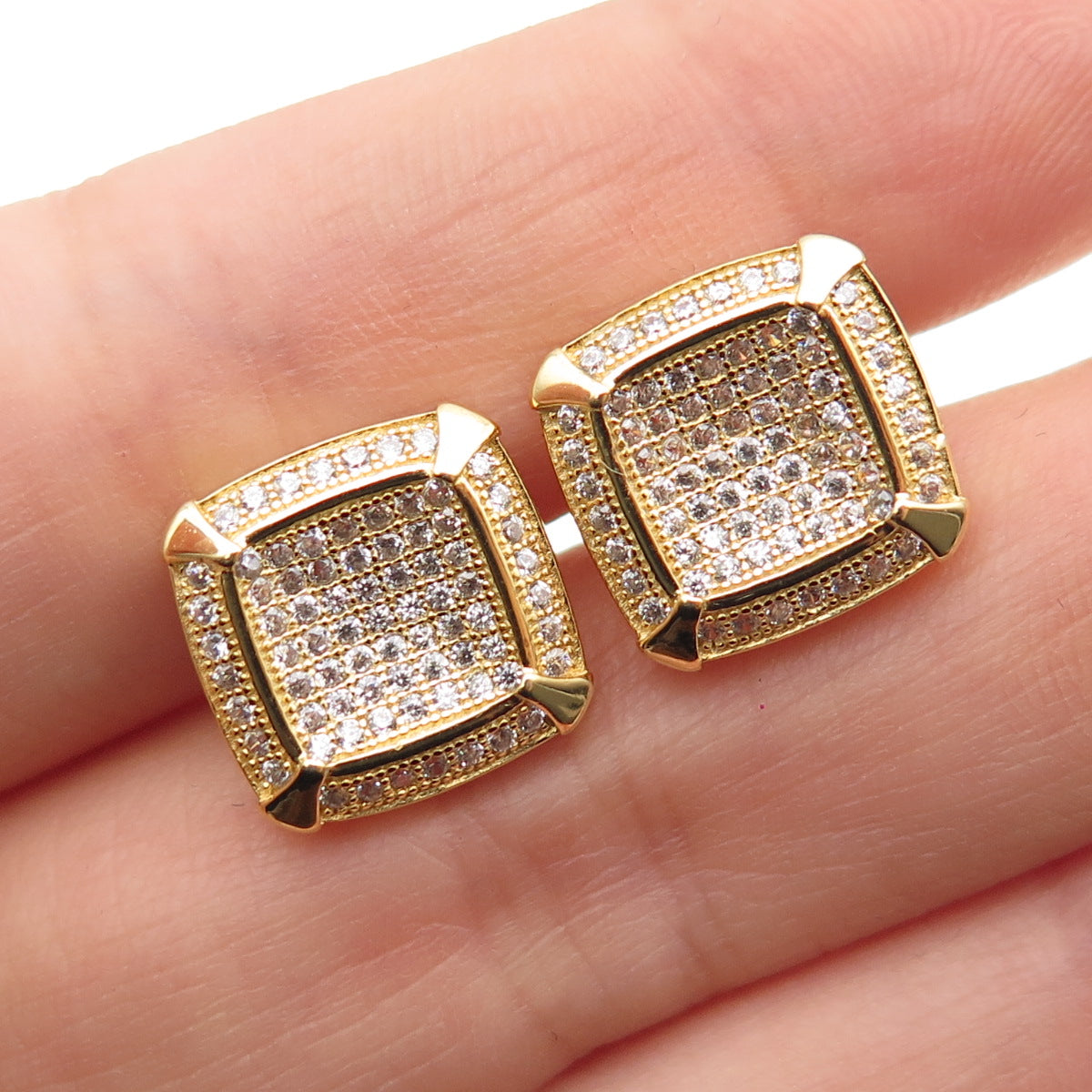 925 Sterling Silver Gold Plated Round-Cut C Z Stud Earrings
