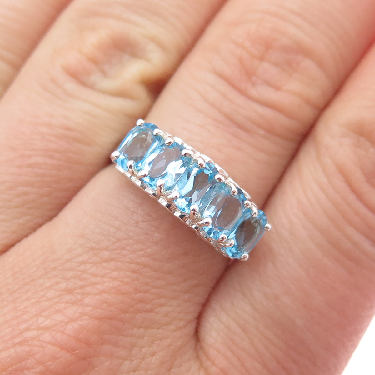 CNA PRANDA 925 Sterling Silver Vintage Real Oval-Cut Blue Topaz Ring Size 8