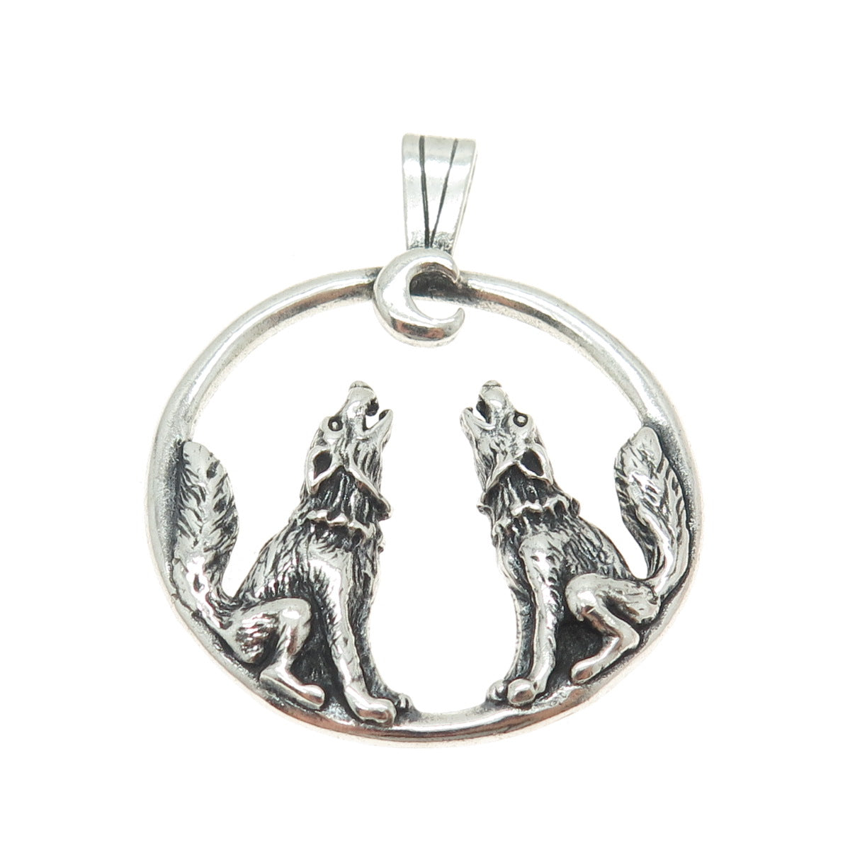 SHUBE 925 Sterling Silver Vintage Couple of Howling Wolves Pendant