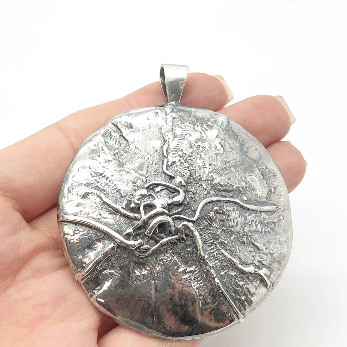 925 Sterling Silver Vintage Brutalist Modernist Large Round Pendant