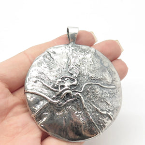925 Sterling Silver Vintage Brutalist Modernist Large Round Pendant