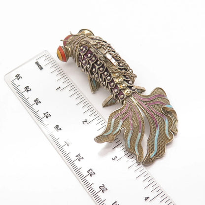 925 Sterling Silver Antique Enamel Chinese Koi Fish Chatelaine Pendant / Fob
