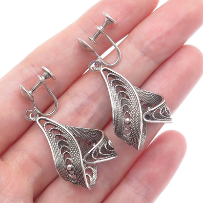 925 Sterling Silver Antique Art Deco Filigree Twisted Dangle Screw Back Earrings
