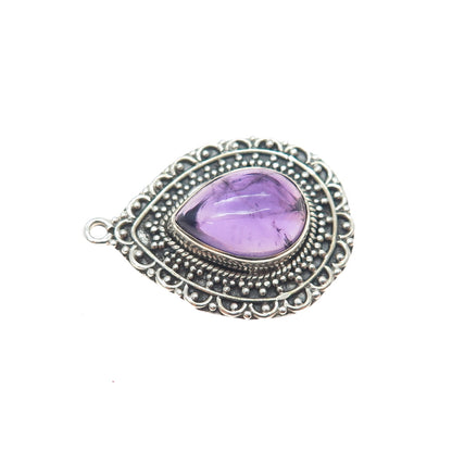 925 Sterling Silver Vintage Real Amethyst Oxidized Teardrop Charm Pendant