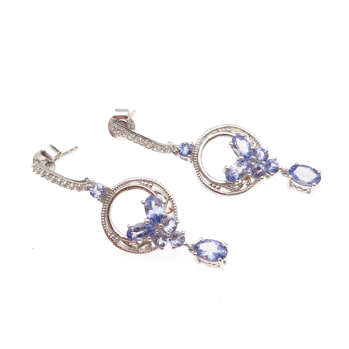 Chuck Clemency 925 Sterling Silver Real Tanzanite & White Topaz Dangle Earrings