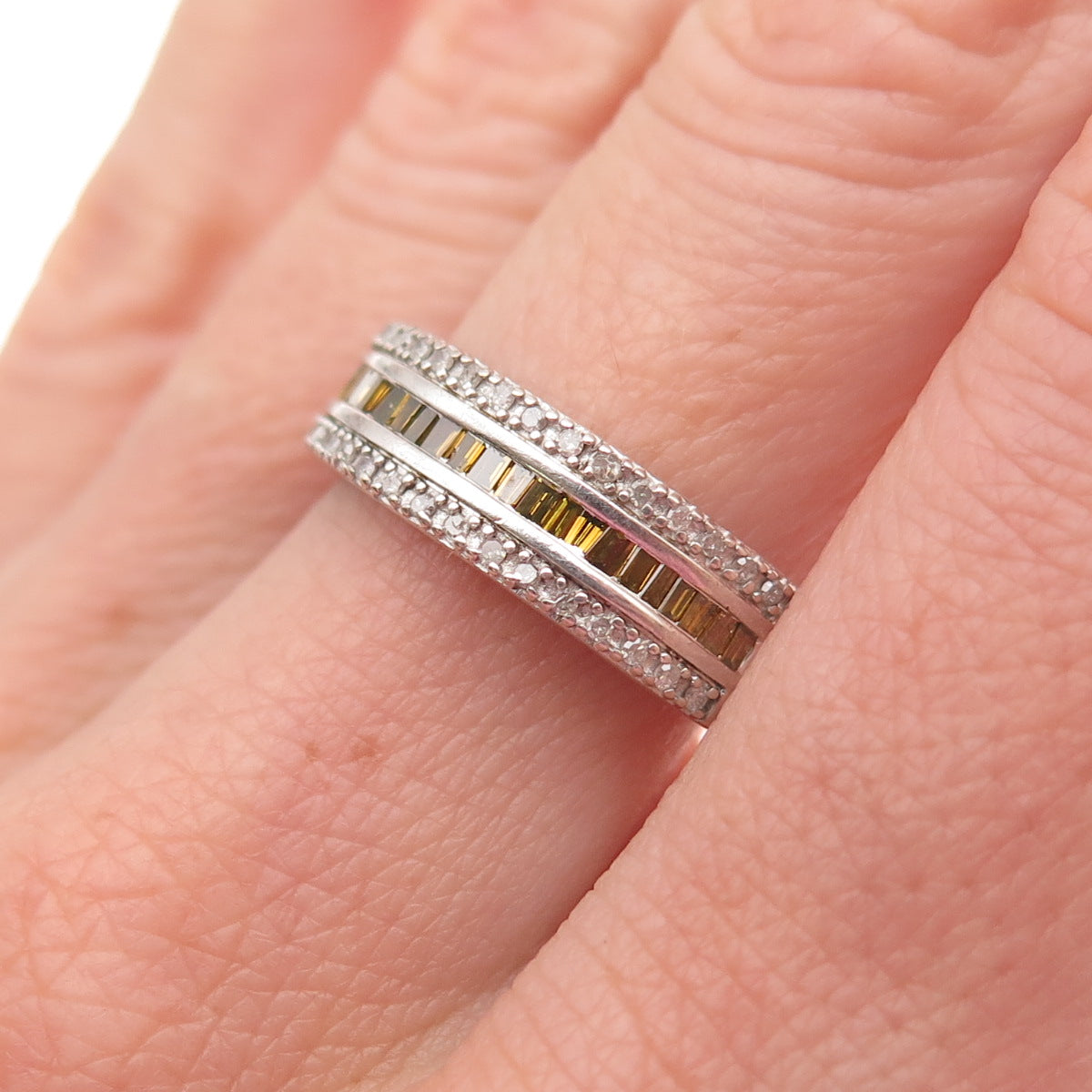 925 Sterling Silver Real White & Canary Diamond Ring Size 8
