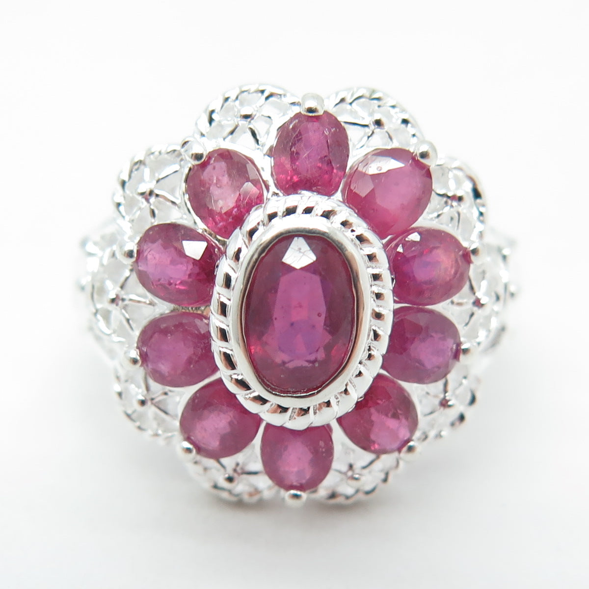 925 Sterling Silver Real Oval-Cut Ruby Flower Ring Size 6