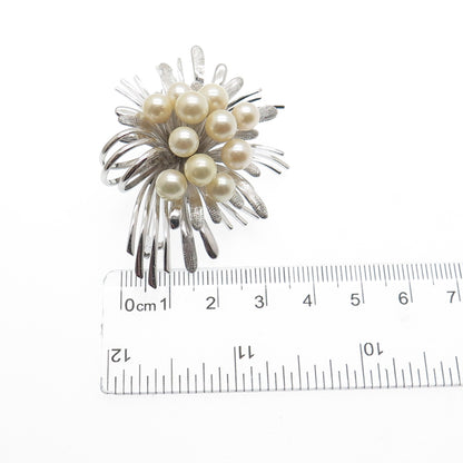 925 Sterling Silver Vintage Real Pearl Modernist Flower Pin Brooch