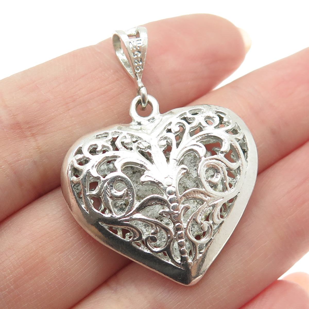 CHAPAL ZENRAY 925 Sterling Silver Vintage Diamond-Cut Puffy Ornate Heart Pendant