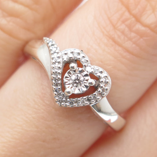 925 Sterling Silver Real Round-Cut Diamond Heart Ring Size 7.25