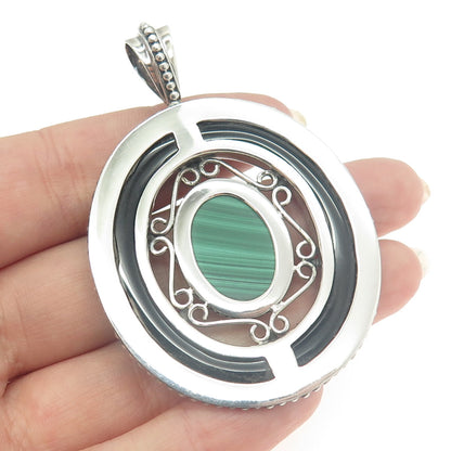 MERAV 925 Sterling Silver Vintage Real Black Onyx & Malachite Oval Pendant