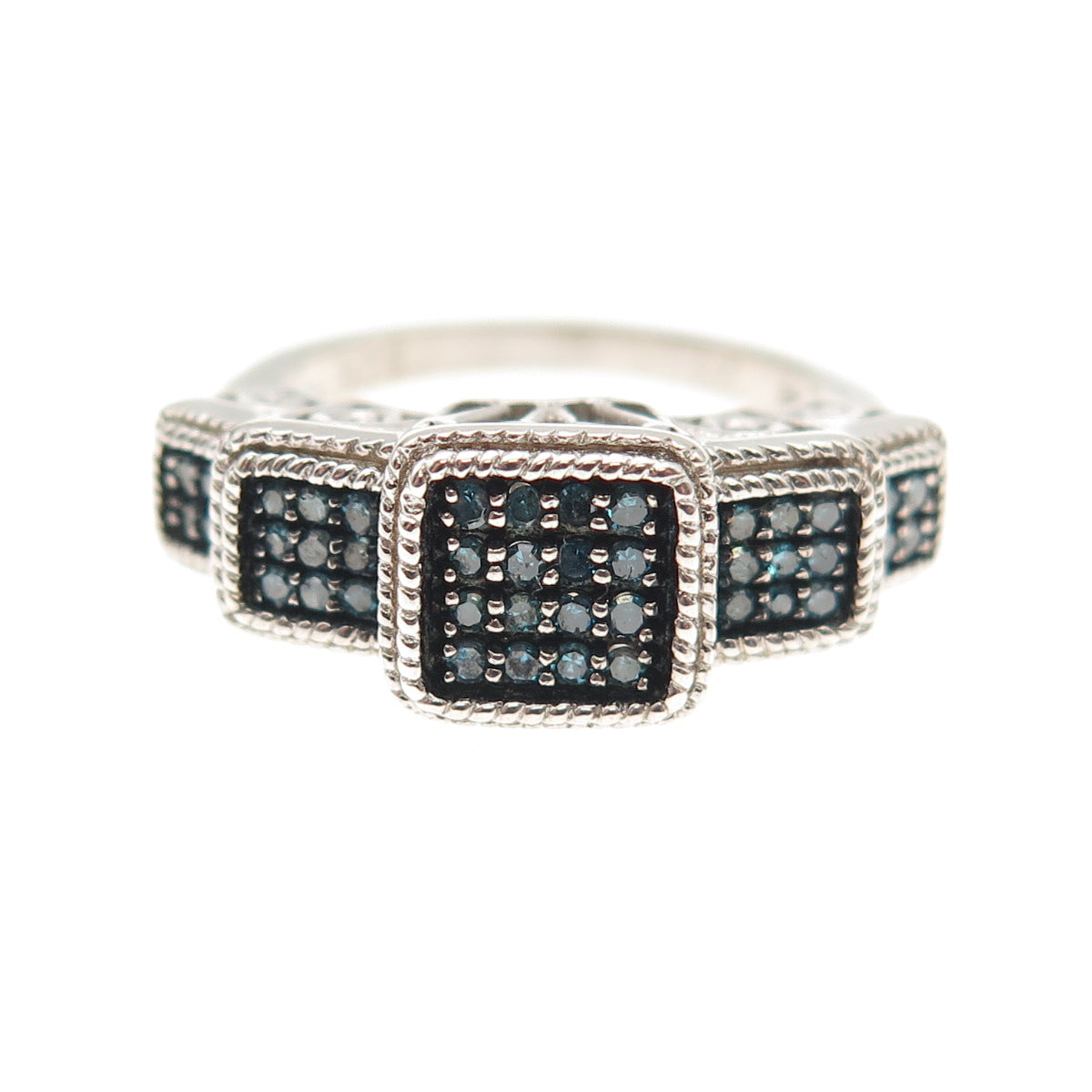 925 Sterling Silver Real Round-Cut Fancy Blue Diamond Ring Size 5.25