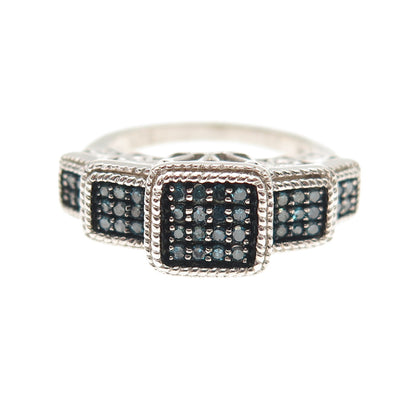 925 Sterling Silver Real Round-Cut Fancy Blue Diamond Ring Size 5.25