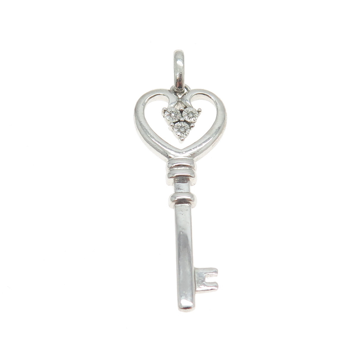 925 Sterling Silver Real Round-Cut Diamond Heart Key Charm Pendant