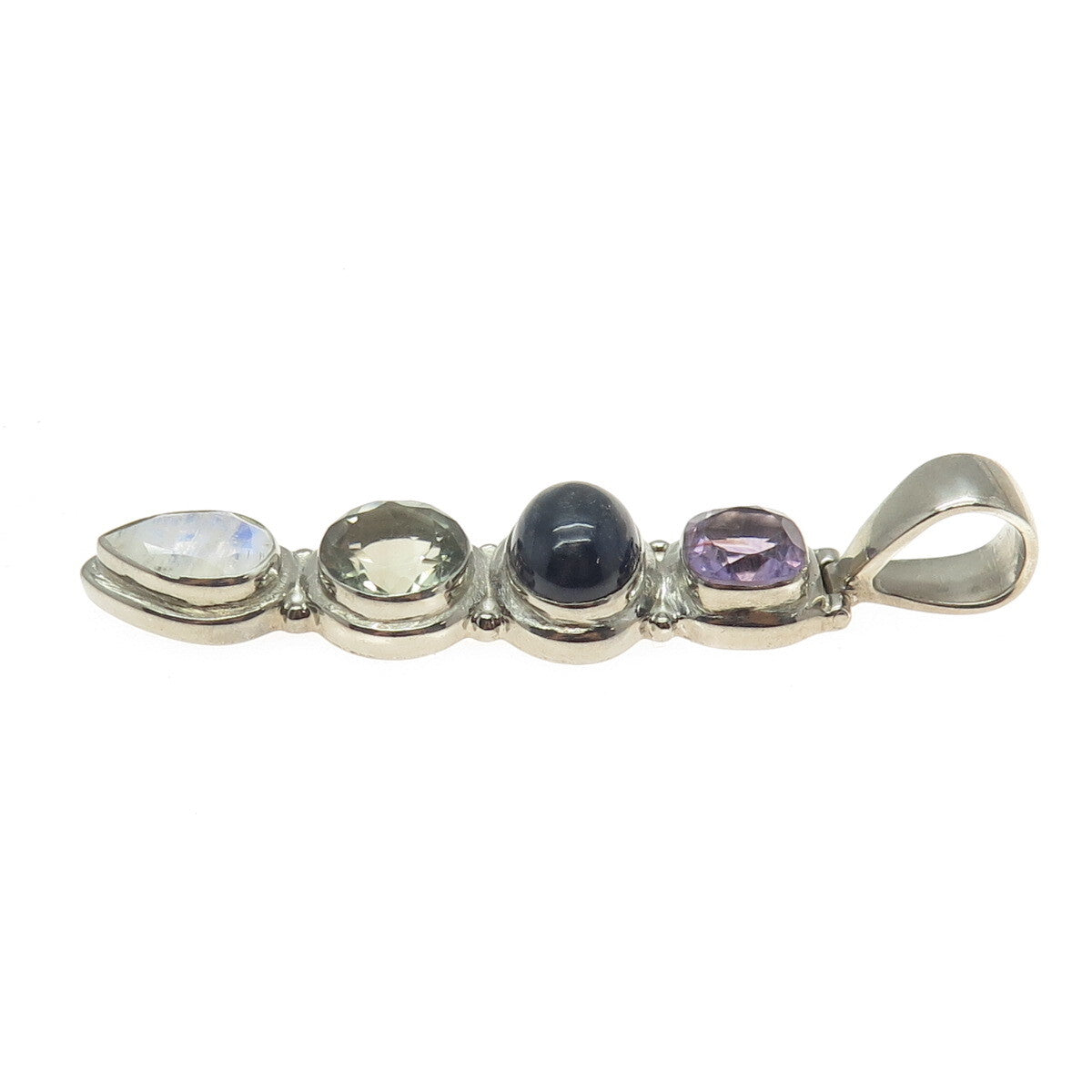 925 Sterling Silver Vintage Real Green Purple Amethyst Iolite Moonstone Pendant