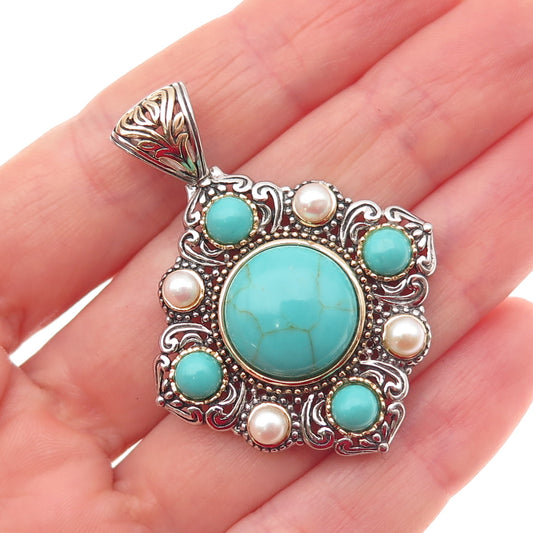 925 Sterling Silver 2-Tone Vintage Real Tyrone Turquoise & Pearl Pendant