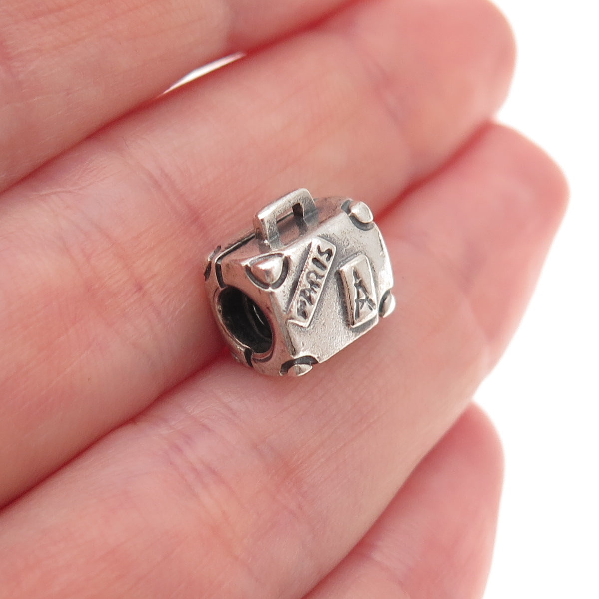 Pandora 925 Sterling Silver Paris Travel Suitcase Slide Bead Charm