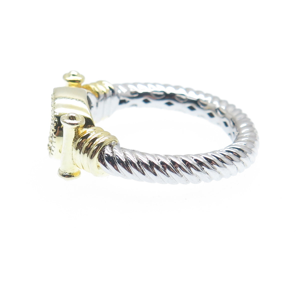 DSMK 925 Sterling Silver 2-Tone Round-Cut Shaped C Z Twisted Ring Size 7.25