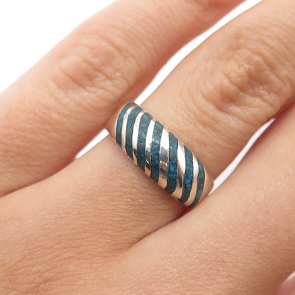 925 Sterling Silver Vintage Mexico Turquoise Inlay Ribbed Band Ring Size 6.5