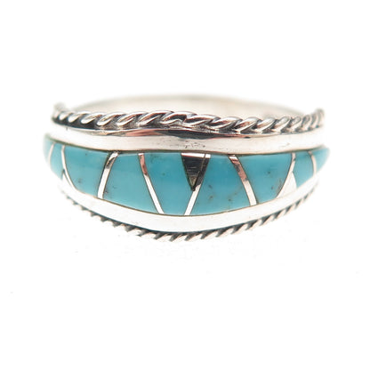 925 Sterling Silver Vintage Real Turquoise Zig Zag Oxidized Ring Size 8.25