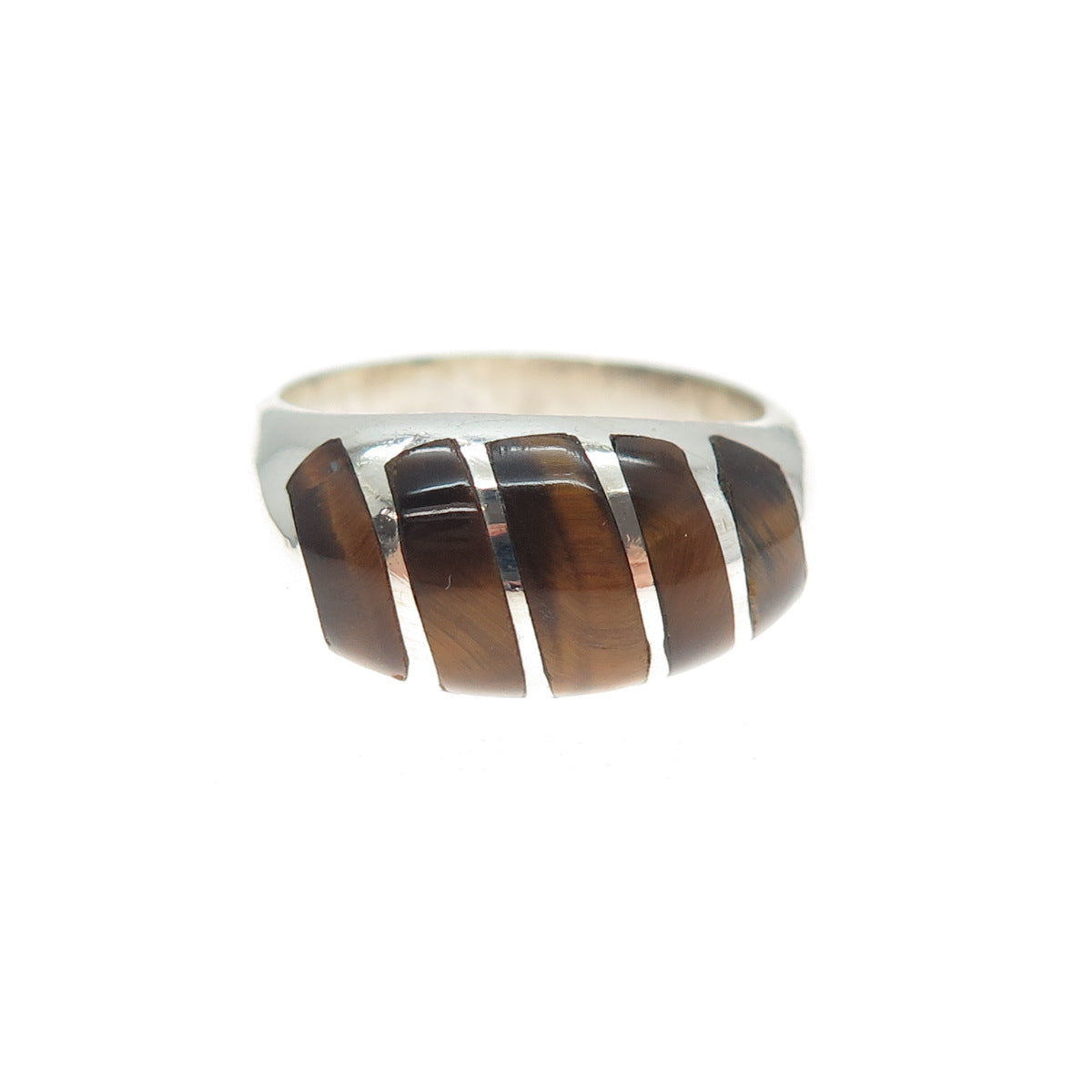 925 Sterling Silver Vintage Mexico Real Tiger Eye Modernist Ring Size 7