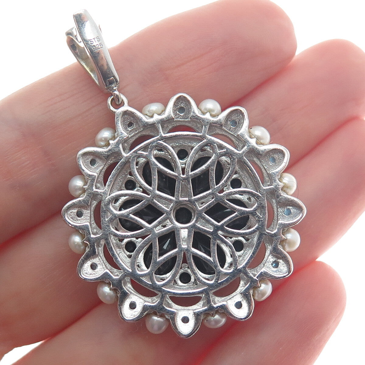 CHUCK CLEMENCY 925 Sterling 2-Tone Pearl Black Spinel Opalite Gem Floral Pendant