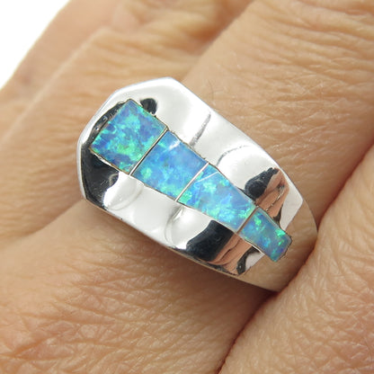 925 Sterling Silver Real Blue Opal Gemstone Modernist Ring Size 8.25