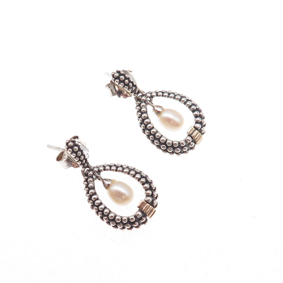 925 Sterling Silver 14K Gold Vintage Real Pearl Dotted Teardrop Dangle Earrings