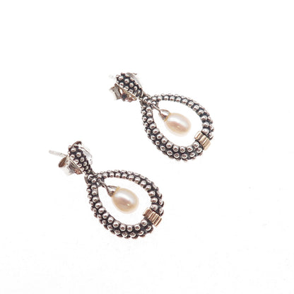 925 Sterling Silver 14K Gold Vintage Real Pearl Dotted Teardrop Dangle Earrings