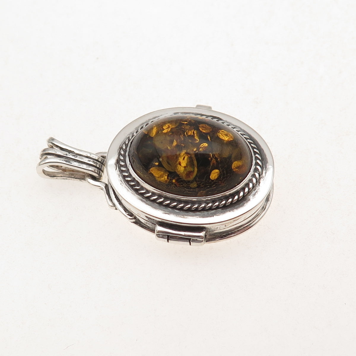 925 Sterling Silver Vintage Real Amber Oxidized Locket Pendant