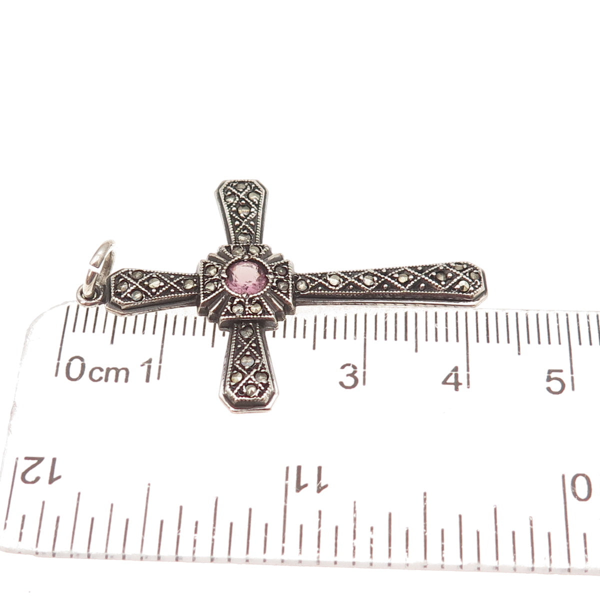 925 Sterling Silver Antique Art Deco Real Amethyst Marcasite Cross Charm Pendant