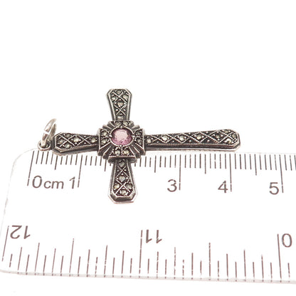 925 Sterling Silver Antique Art Deco Real Amethyst Marcasite Cross Charm Pendant