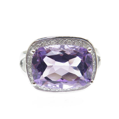 925 Sterling Silver Real Round-Cut Diamond & Amethyst Ring Size 7.25