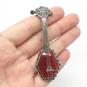 925 Sterling Silver Vintage Real Carnelian Banjo Musical Instrument Pin Brooch