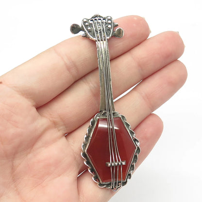 925 Sterling Silver Vintage Real Carnelian Banjo Musical Instrument Pin Brooch