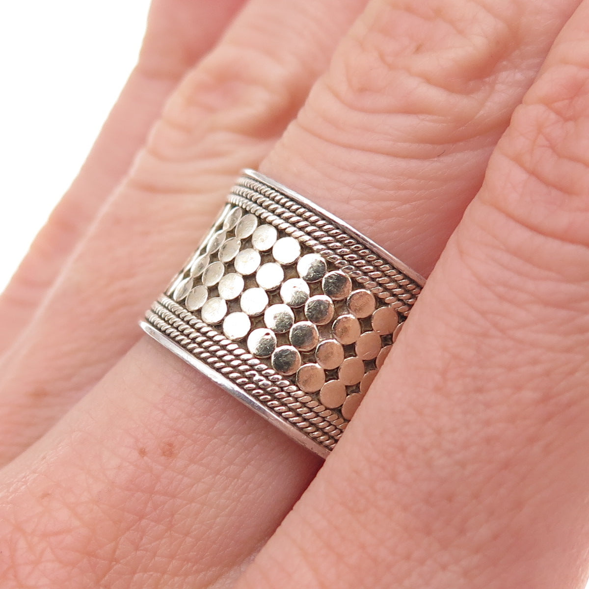 Anna Beck 925 Sterling Silver 2-Tone Vintage Dot Wide Band Ring Size 7.75