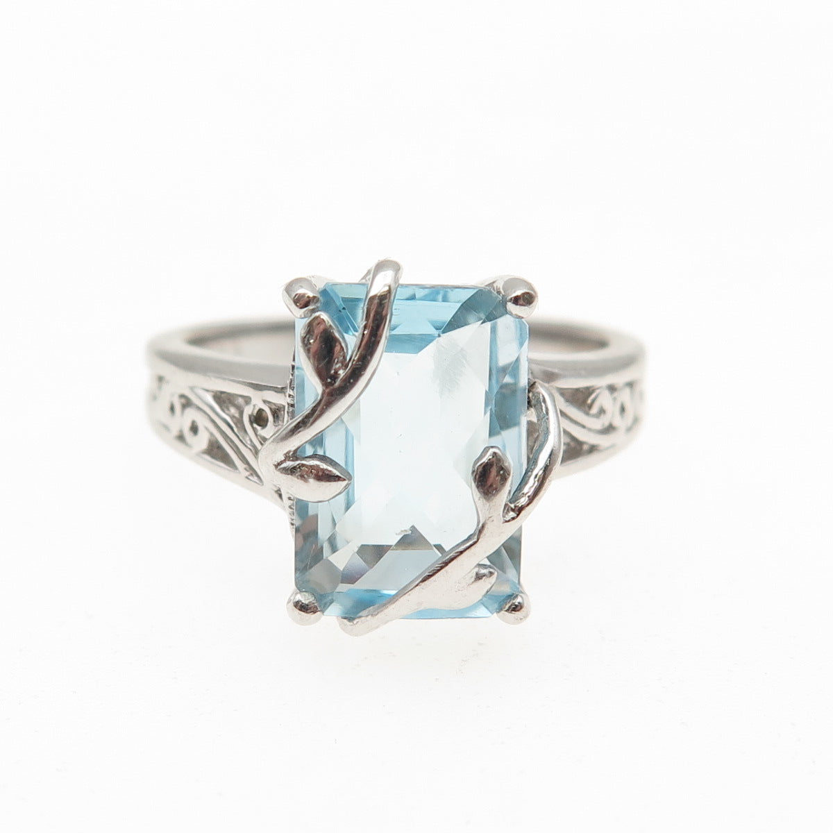 925 Sterling Silver Real Radiant-Cut Blue Topaz Floral Scroll Ring Size 7