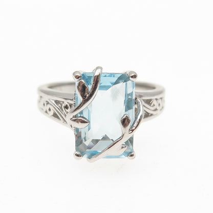 925 Sterling Silver Real Radiant-Cut Blue Topaz Floral Scroll Ring Size 7