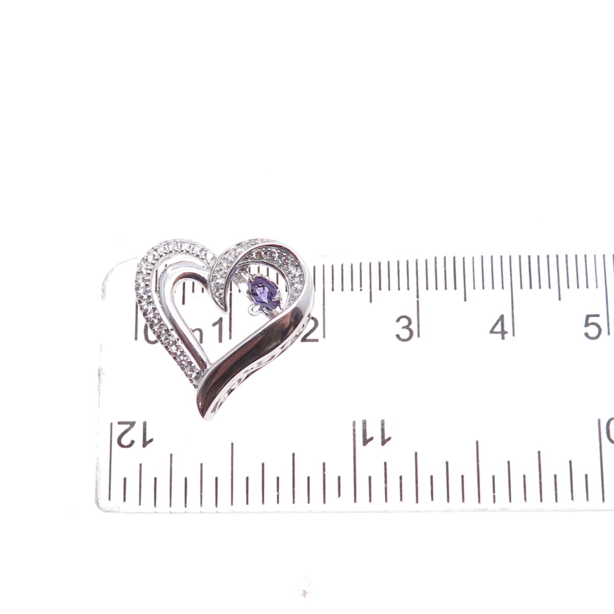 925 Sterling Silver Real White Topaz & Amethyst Heart Mini Slide Charm Pendant